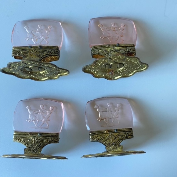 Antique Czech Glass Place Cards Holders: Set of 4, Pink Intaglio Glass - Picture 9 of 11